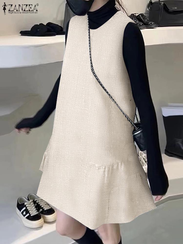 ZANZEA Vintage Tweed Dresses Women Sleeveless Solid Color Vestidos 2024 Autumn Mini Short Dresses Female Holiday Robes