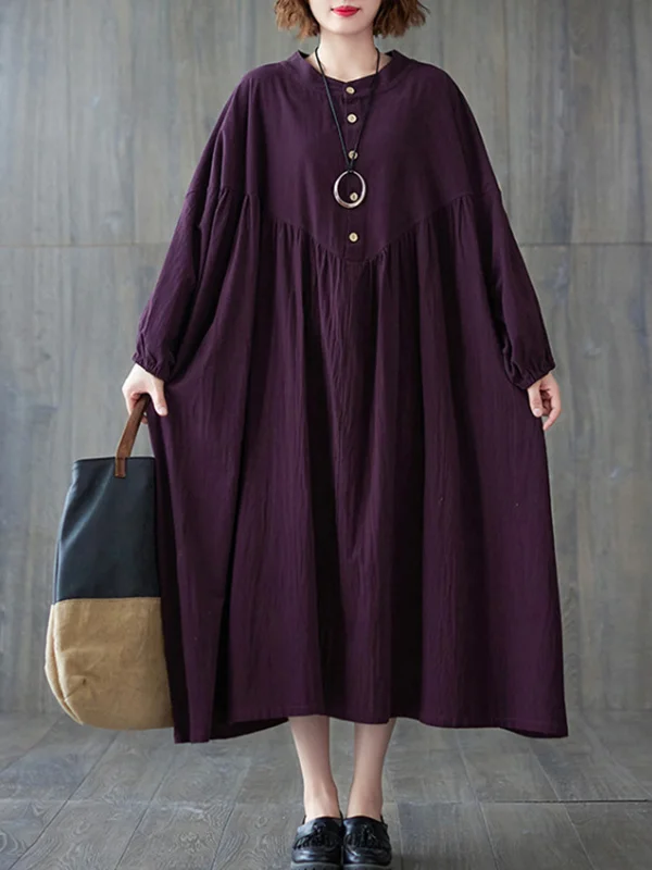 Loose Puff Sleeves Pleated Solid Color Stand Collar Midi Dresses