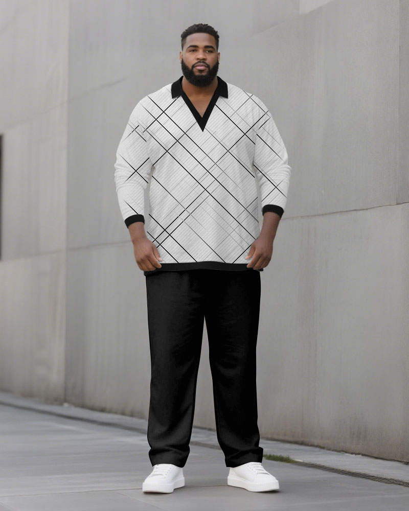 Big & Tall Men's Black And White Strip Geometric Printed POLO V-Neck Long Sleeve Pants Two-Piece Set