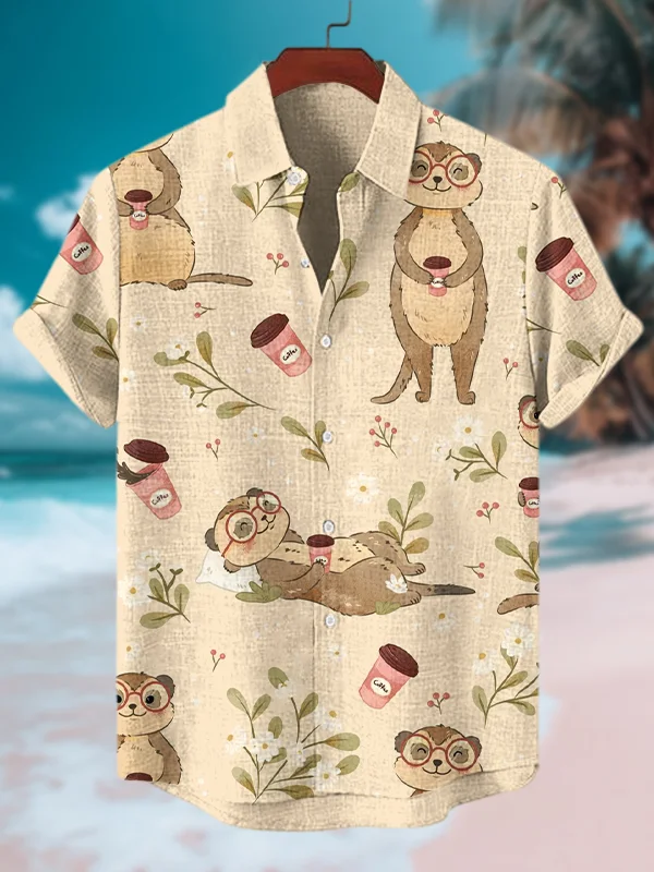Men's Meerkat Drinking Coffee Print Short Sleeve Shirt