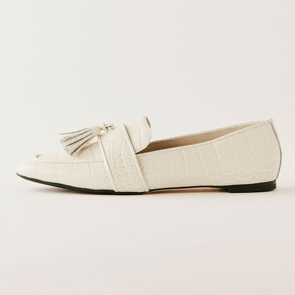Beige Croco Embossed Round Toe Flat Women's Loafers with Tassel Nicepairs