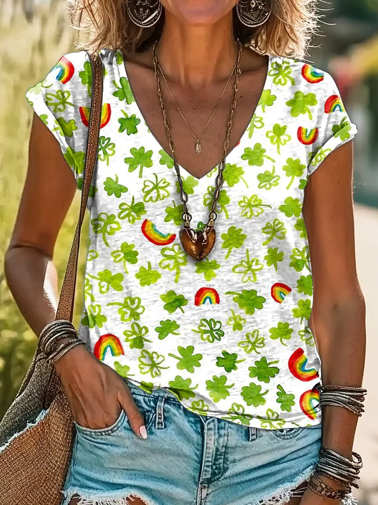 Women's Saint Patrick's Day Print 100%Cotton V-neck T-Shirt