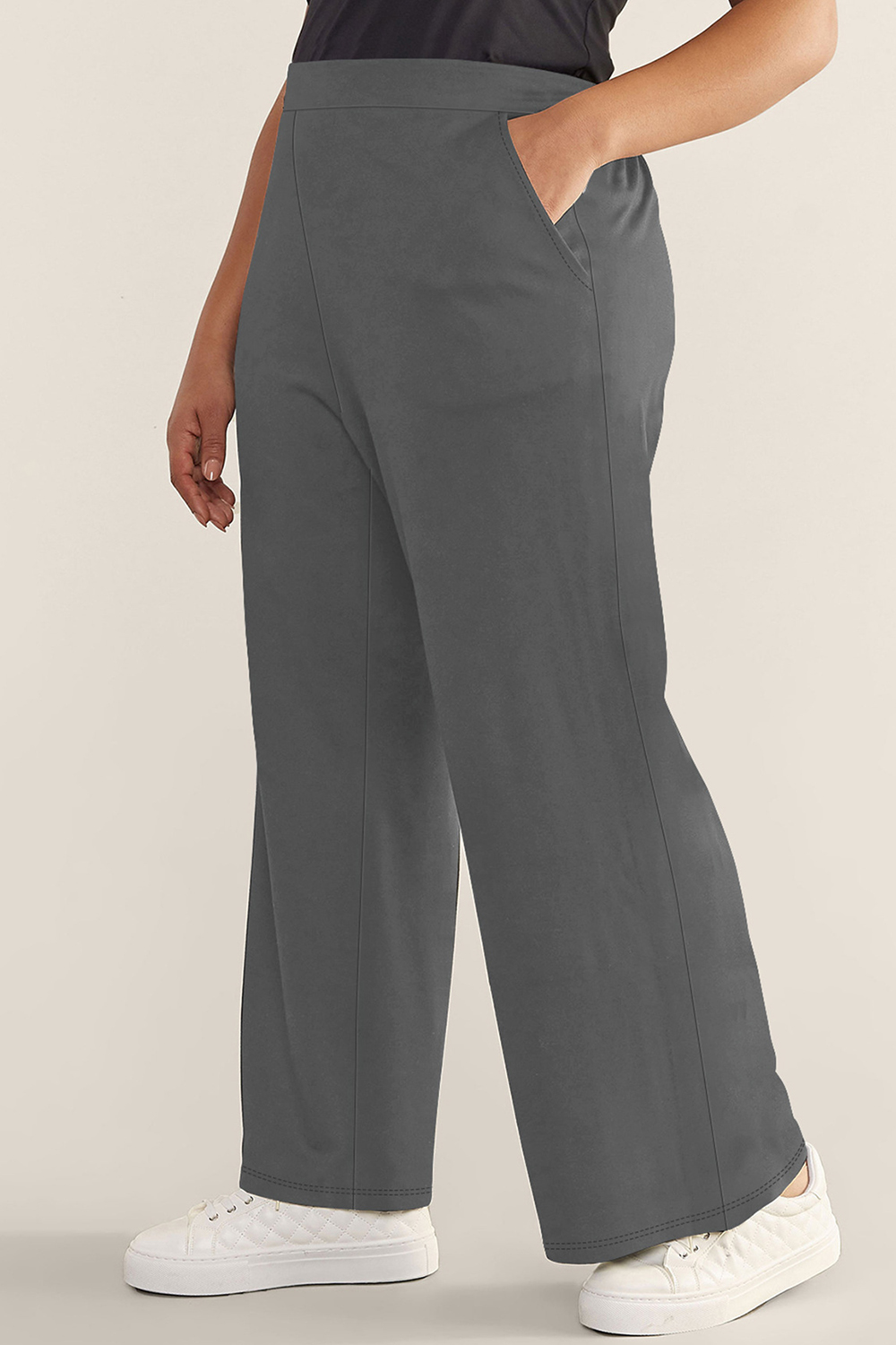 Plus Size Casual Black Elastic Waist Pocket Straight Leg Pants 2024 - Flycurvy 