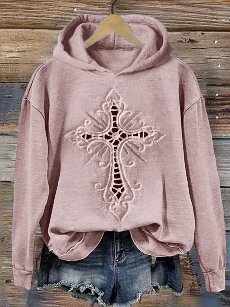 Classy Baroque Cross Embroidered Christian Hoodie