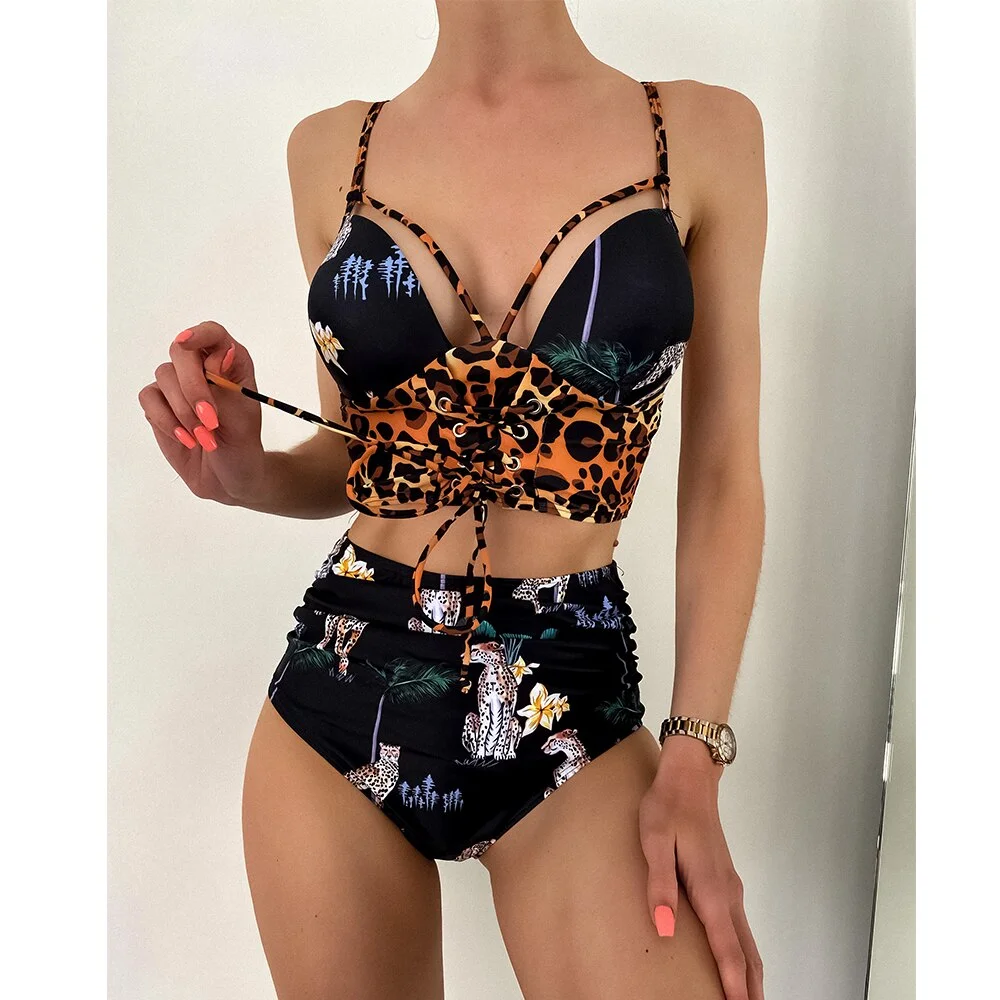 Sexy High Waist Bikini Women Swimsuit 2022 New Arrival Swimwear Hollow Out Print Striped Bathing Suit Beachwear Biquini Female