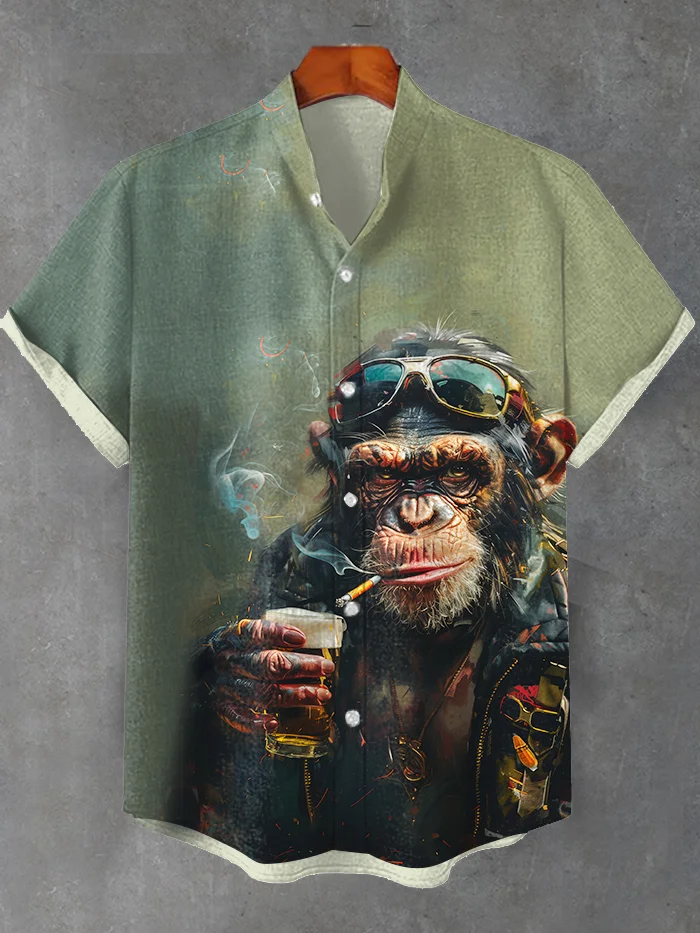Men's Vintage Cool Monkey Smoking Beer Oil Painting Print Shirt