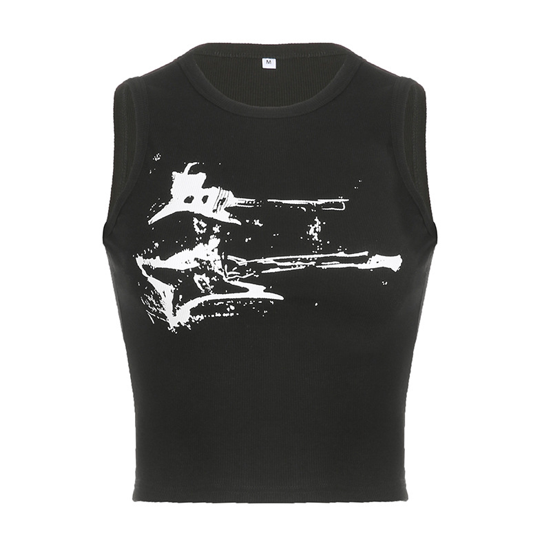 Guitar Print Sleeveless Tank Top Y2K Casual Ribbed Women Grunge Crop Top Harajuku Vest Tee 90s Street Outfits
