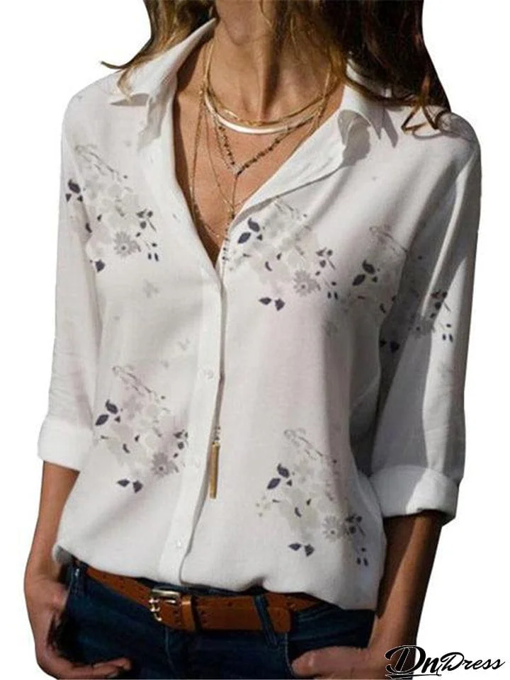 New Casual Fashion Long Sleeve Printed Lapel Women's Blouses