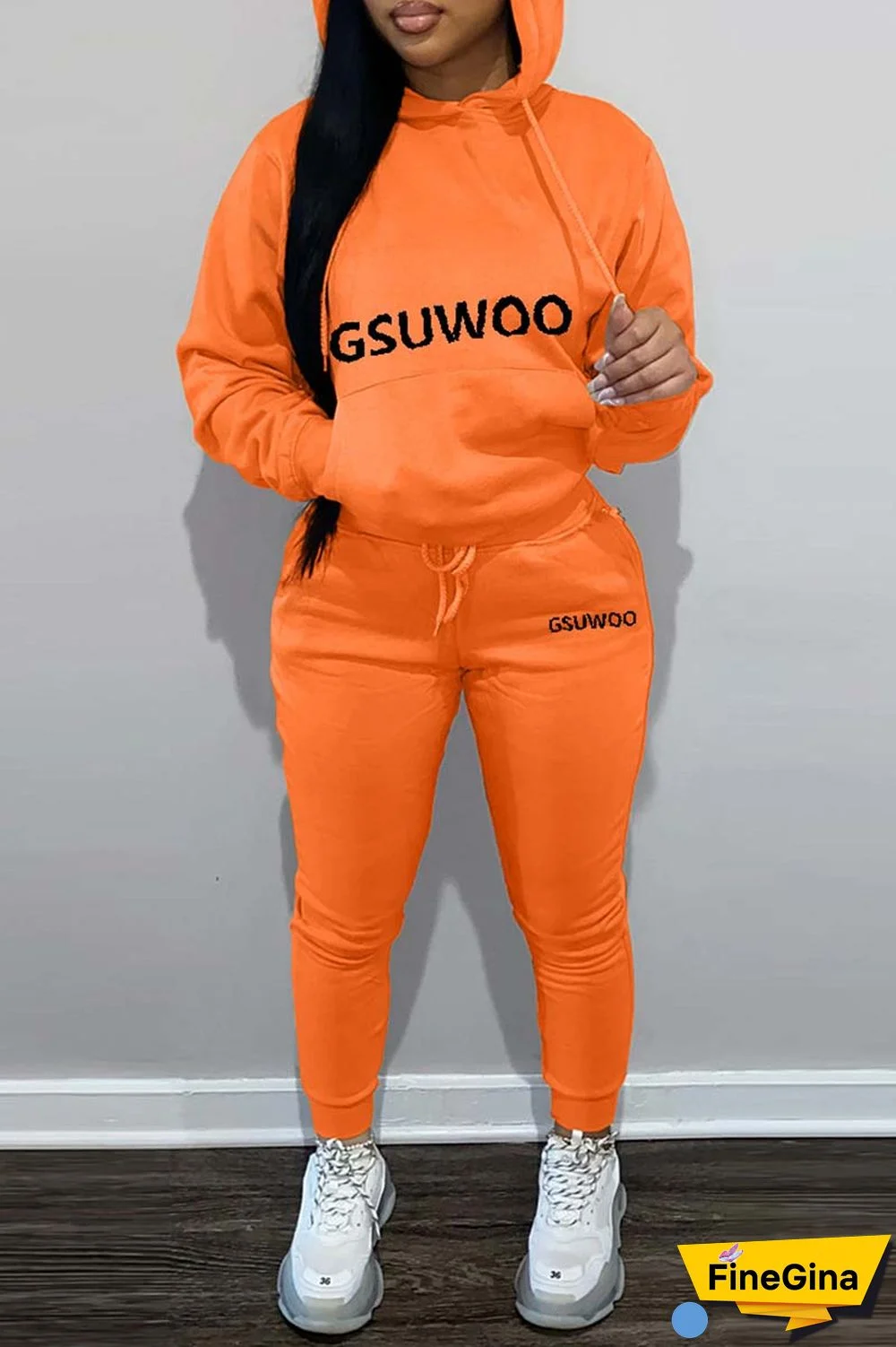 Khaki Casual Letter Print Basic Hooded Collar Long Sleeve Two Pieces