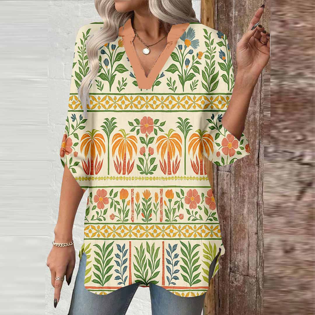Women Artistic, Floral, Green DZGA0129 3/4 Sleeve V-neck Printed Graphic Button Tops