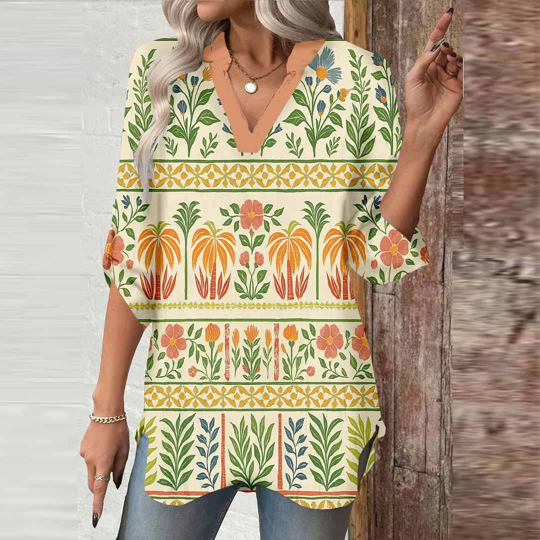 Women Artistic, Floral, Green DZGA0129 3/4 Sleeve V-neck Printed Graphic Button Tops