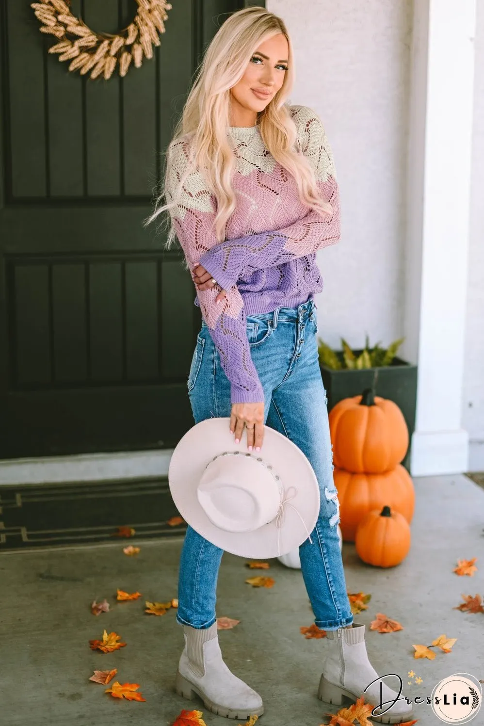 Color Block Hollow Boat Neck Sweater