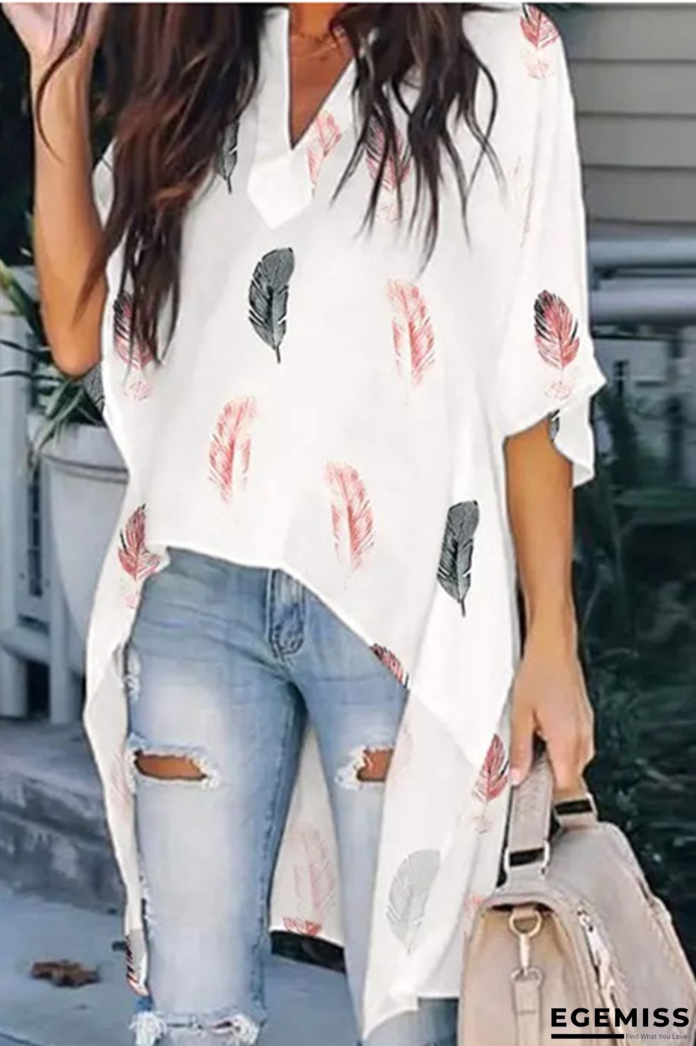 White Pink Fashion Casual Print Solid Patchwork V Neck Tops | EGEMISS