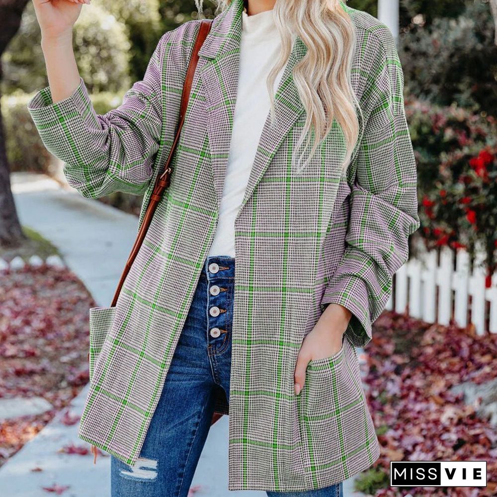 Womens Casual Long Sleeve Striped Blazer Fashion Turn-down Collar Pockets Loose Jacket