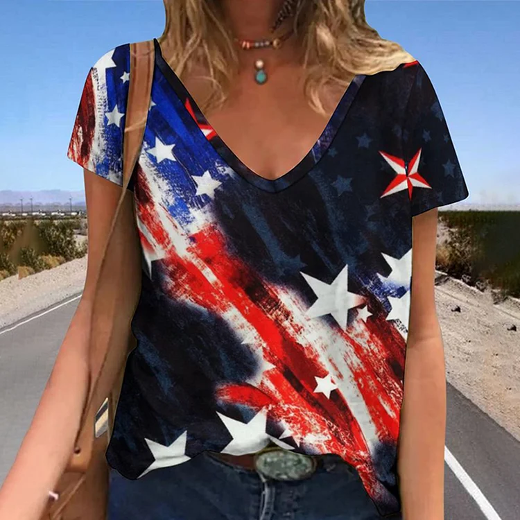 Comstylish 4th of July USA Independence Day Flag Print V Neck Short Sleeve T-Shirt