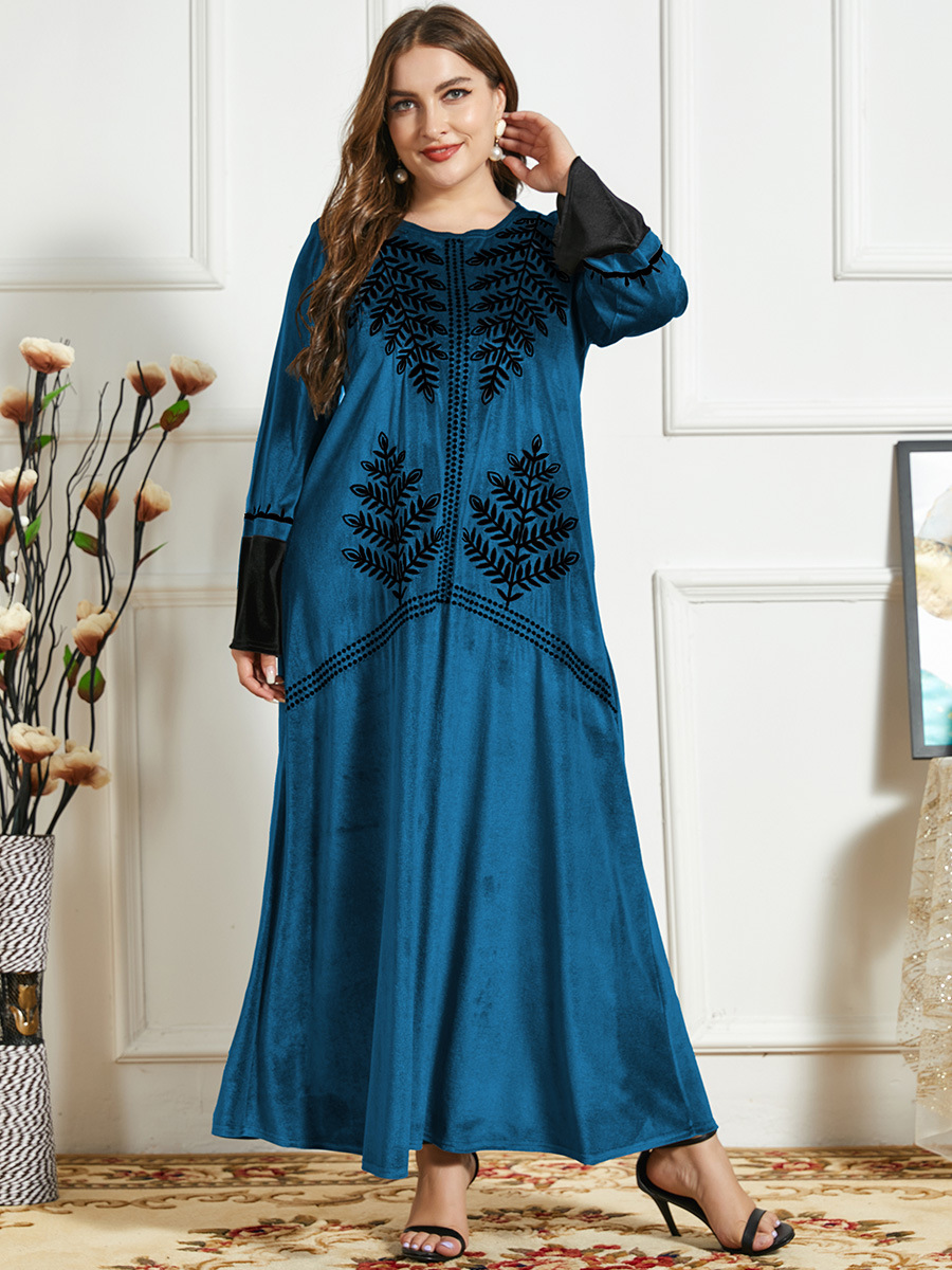 Long embroidered velvet long sleeve dress