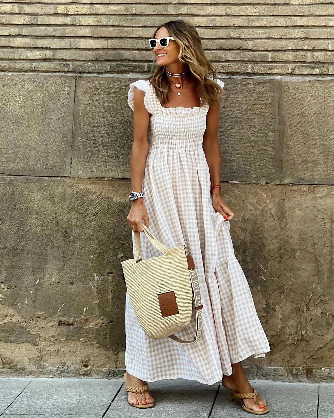 Brownm Summer Patchwork Plaid Elastic Large Swing Dresses