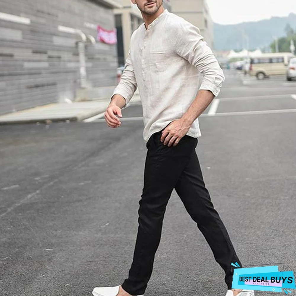 Men's Autumn Pullover Long Sleeve Fashion Stand Collar Shirt Linen