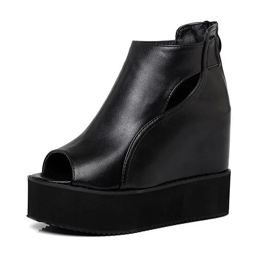 Vstacam Open Toe Ankle Boots For Women Wedges Shoes 2022 Spring Summer Shoes Female Casual Soft Leather Black Boots Comfortable