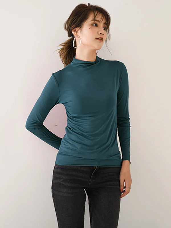 10 Colors Simple Solid Color Long Sleeves High-Neck T-Shirt Top
