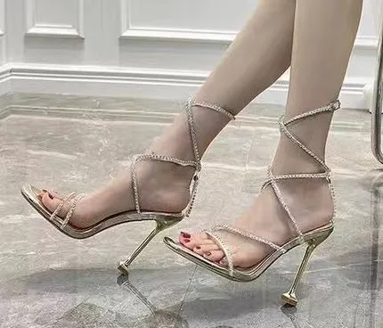 Breakj Breakj Summer New Square Drill Sandals Fine Heel High-Heeled High-Heeled Shoes Crystal Sexy With Roman Shoes