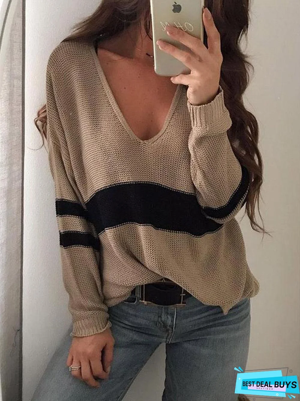 V-Neck Hollow Striped Sweater Tops