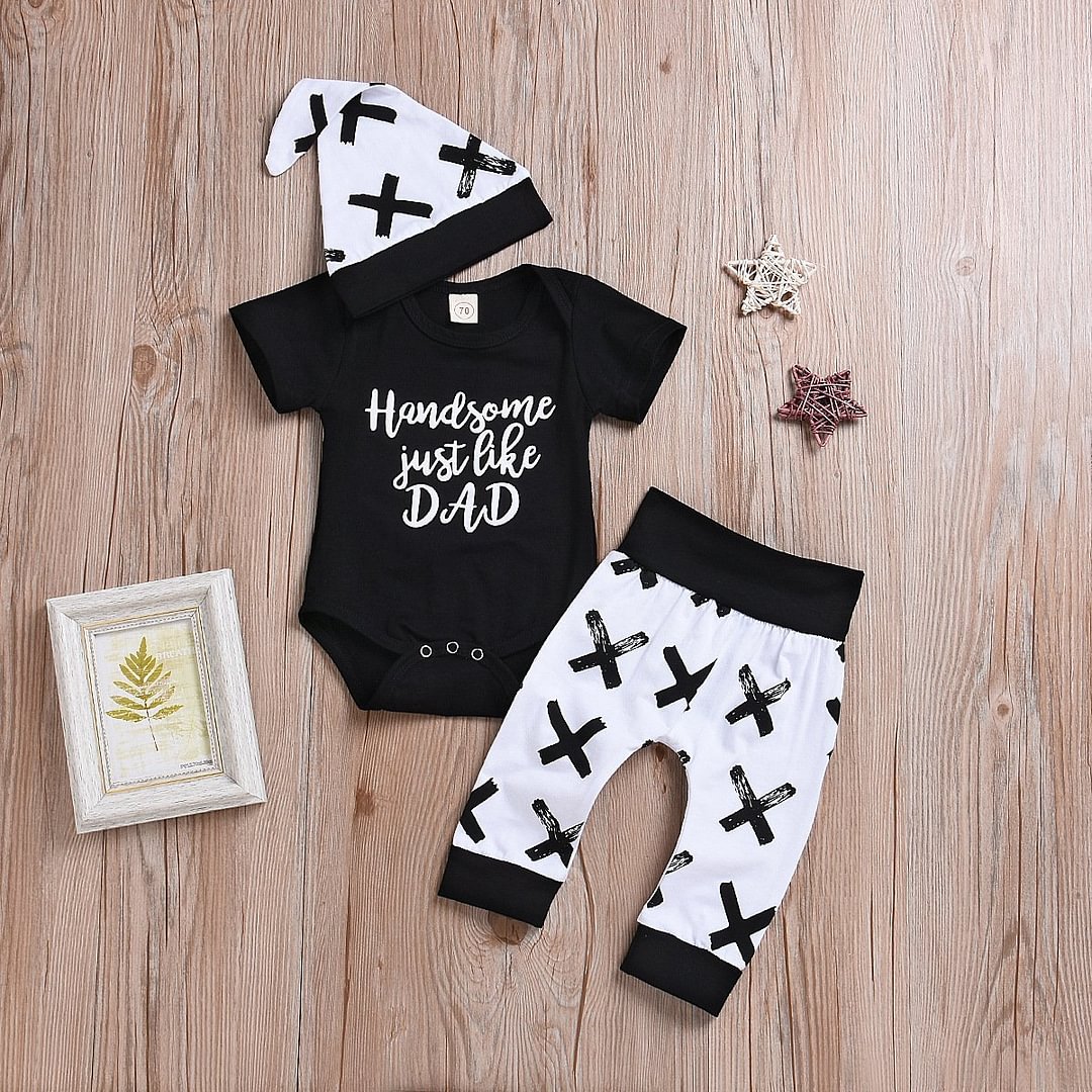 "Handsome Like Dad" Bodysuit and Pants with Hat Set