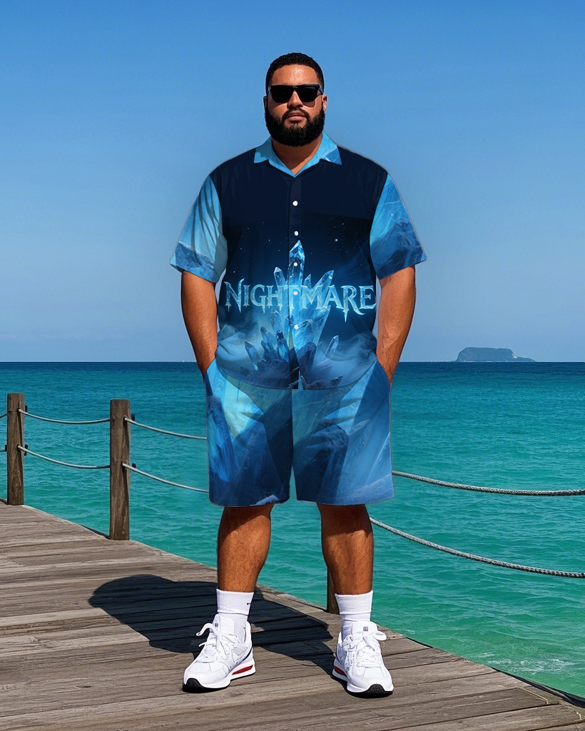 Big Men's Splicing Style Glacier NIGHTMARE Lettering Short-Sleeve Shirt and Shorts Set