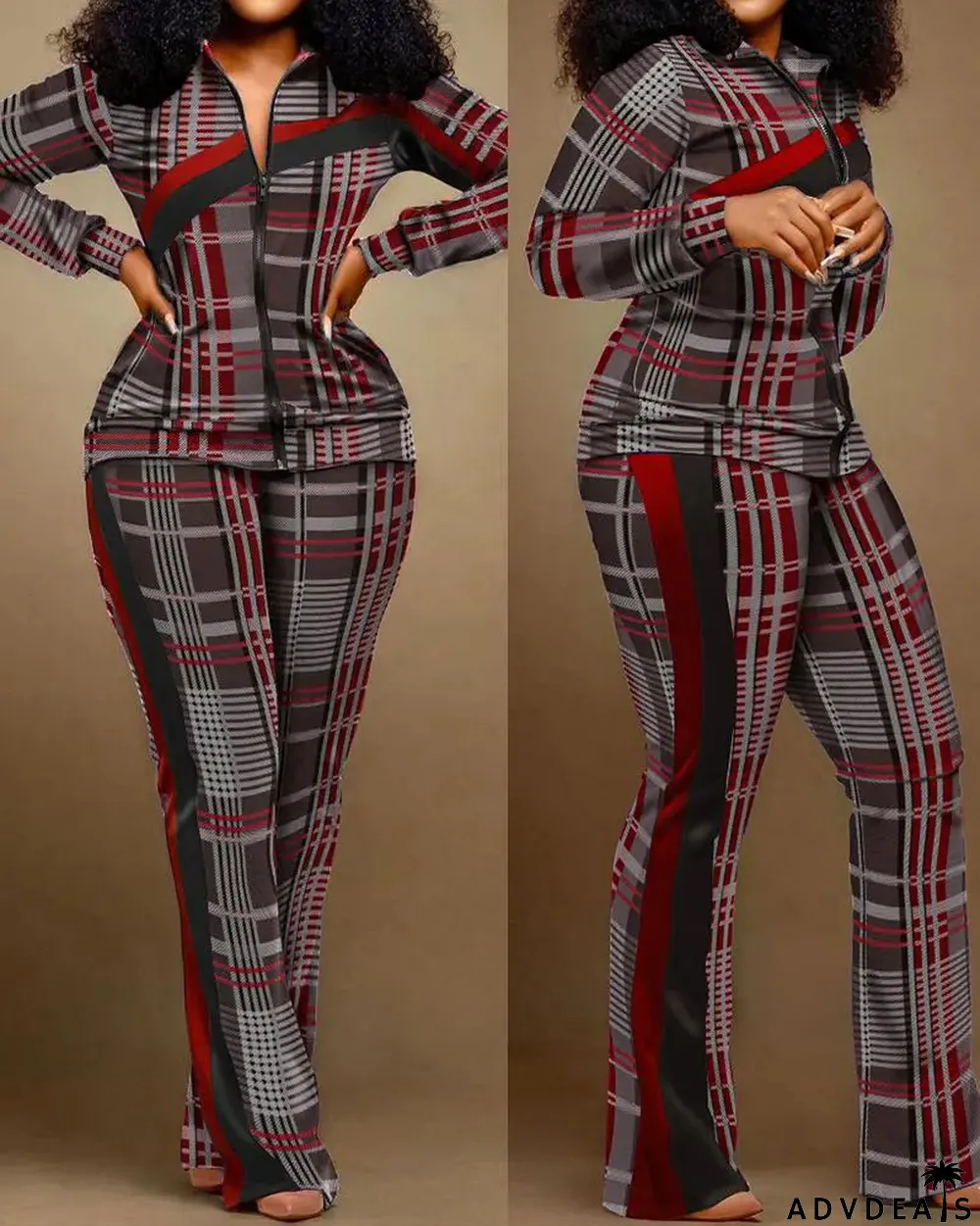 Plus Size Casual Print Zipper Long Sleeve Pant Two Piece Set