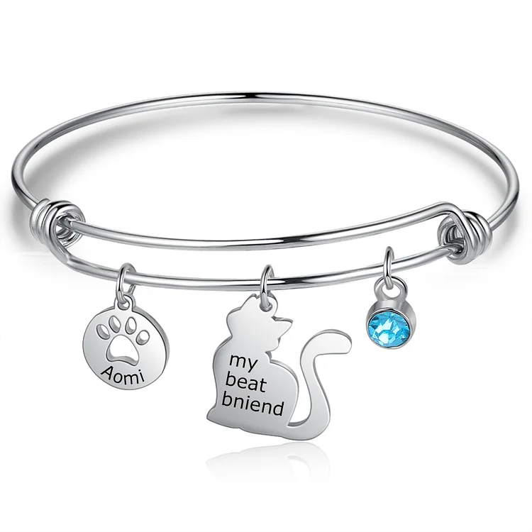 Custom Cat Pendant Bracelet with Birthstone Pet Bracelet