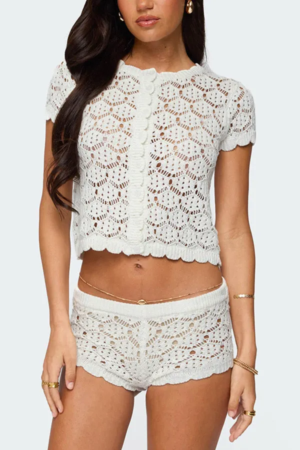 Solid Color Round Neck Short-sleeved Openwork Top and Casual Stretch Knit Shorts Cover-up Set