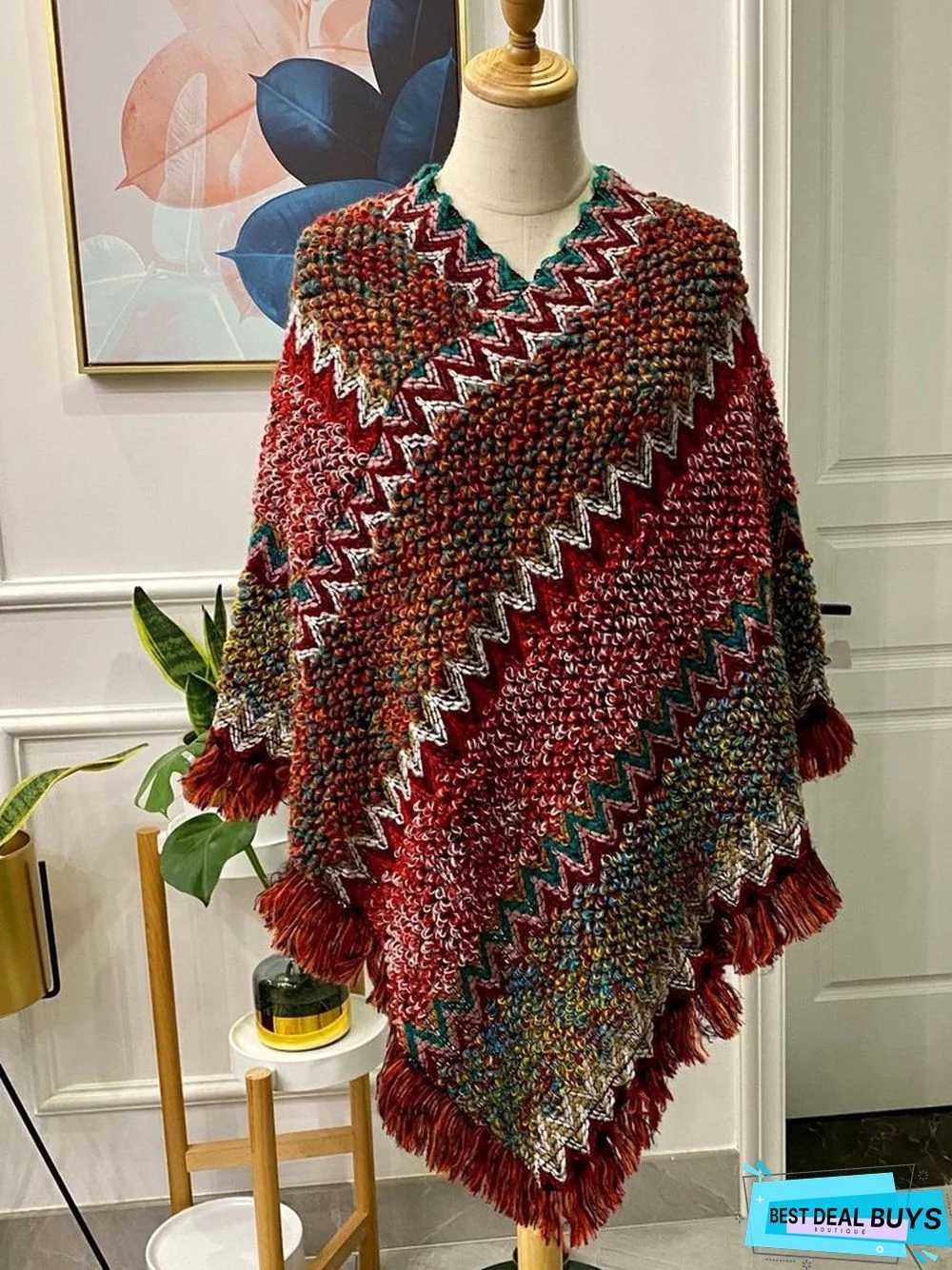 Multicolor Vintage V Neck Patchwork Tassel Knitted Outerwear