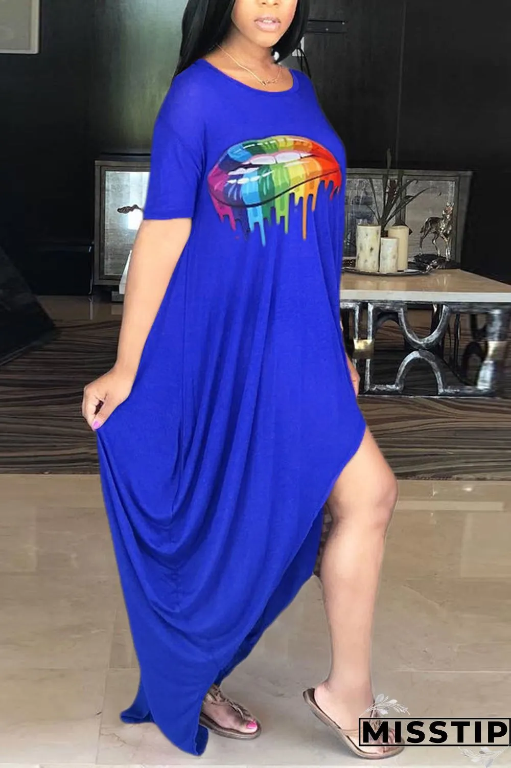 Blue Fashion Printing Loose Irregular Dress