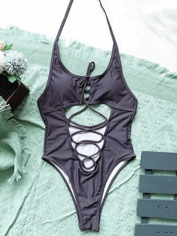 Solid Color Hollow Bandage One-Piece Swimwear
