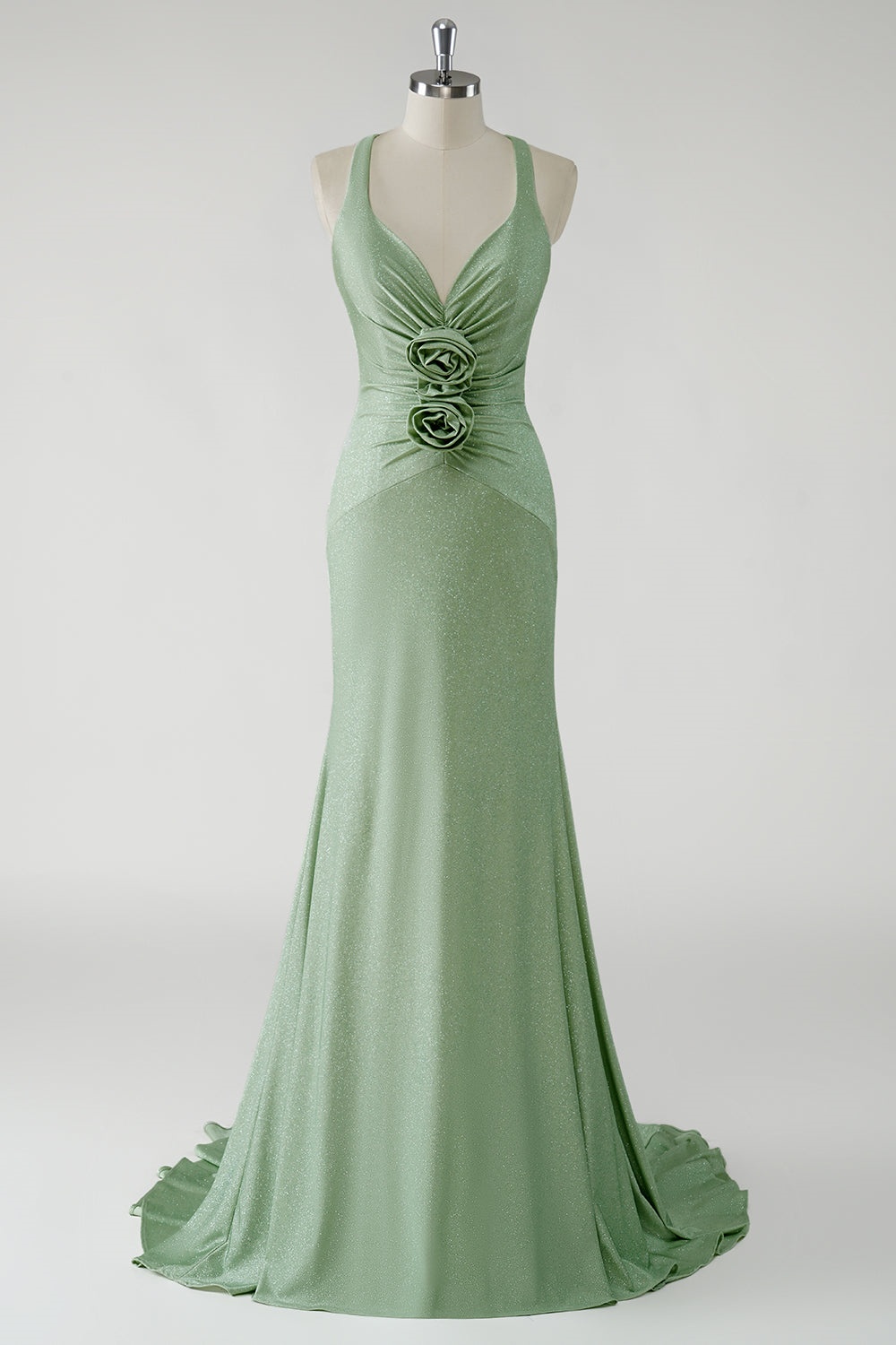 Ovlias Graceful Green Wide Shoulder Straps Backless Flower Prom Dress LY0604