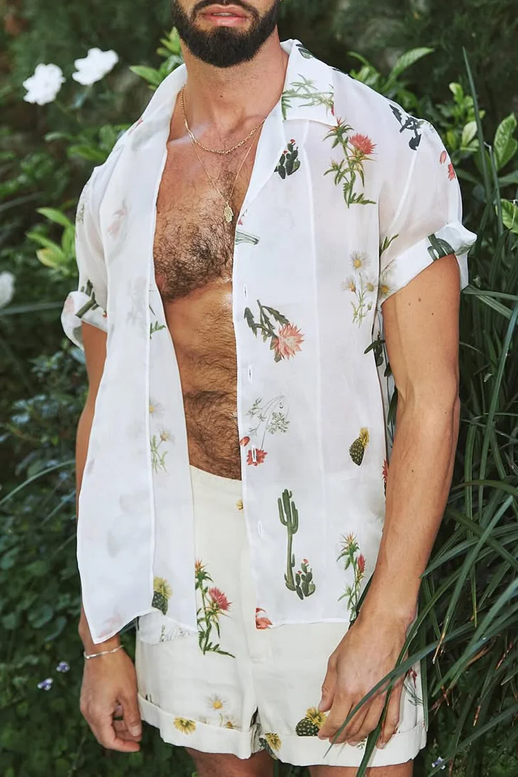 Men's Floral Print Sheer Shirt Shorts Vacation Two Piece Set [Pre-Order]