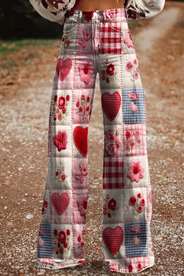 Women's Retro Floral Heart Casual Wide Leg Pants