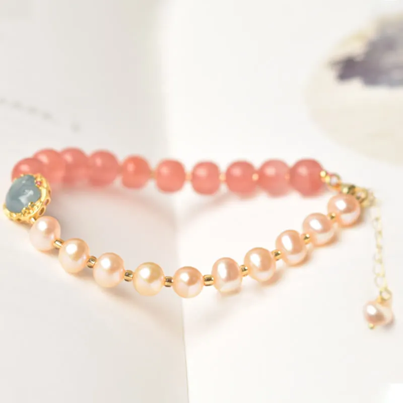 14K Gold Plated Natural Red Agate Pearl Jade Confidence Bracelet