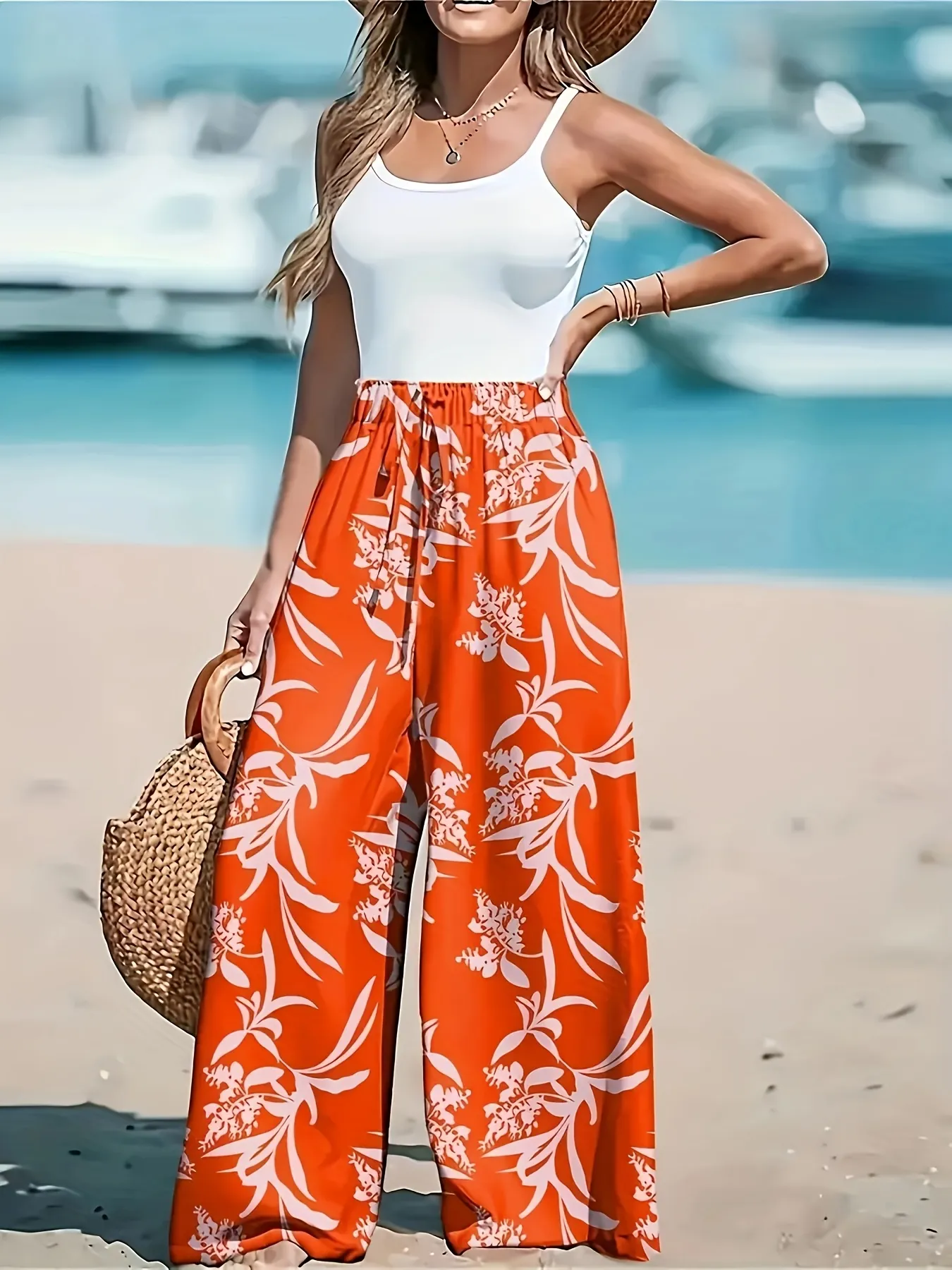 Womens Elegant Floral Print Wide Leg Pants 100 Polyester Soft Fabric Faux Drawstring Loose