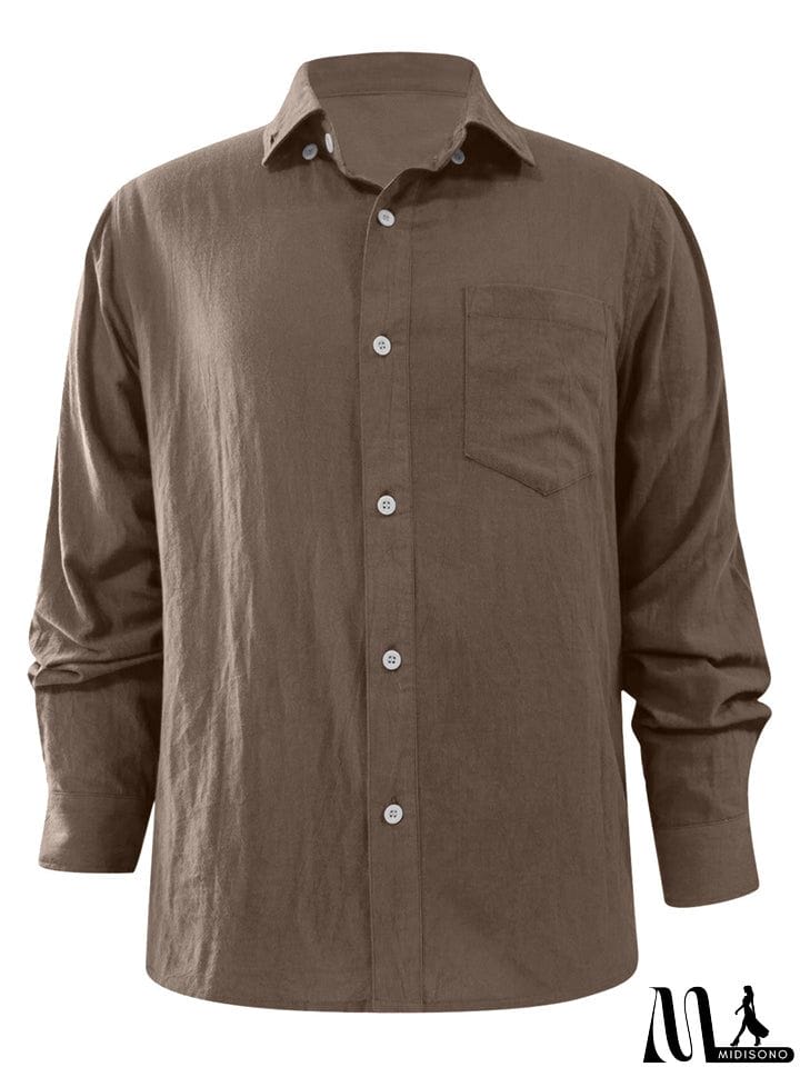 MidiSono - Men's Casual Plain Lapel Button Down Roll Up Sleeve Shirts