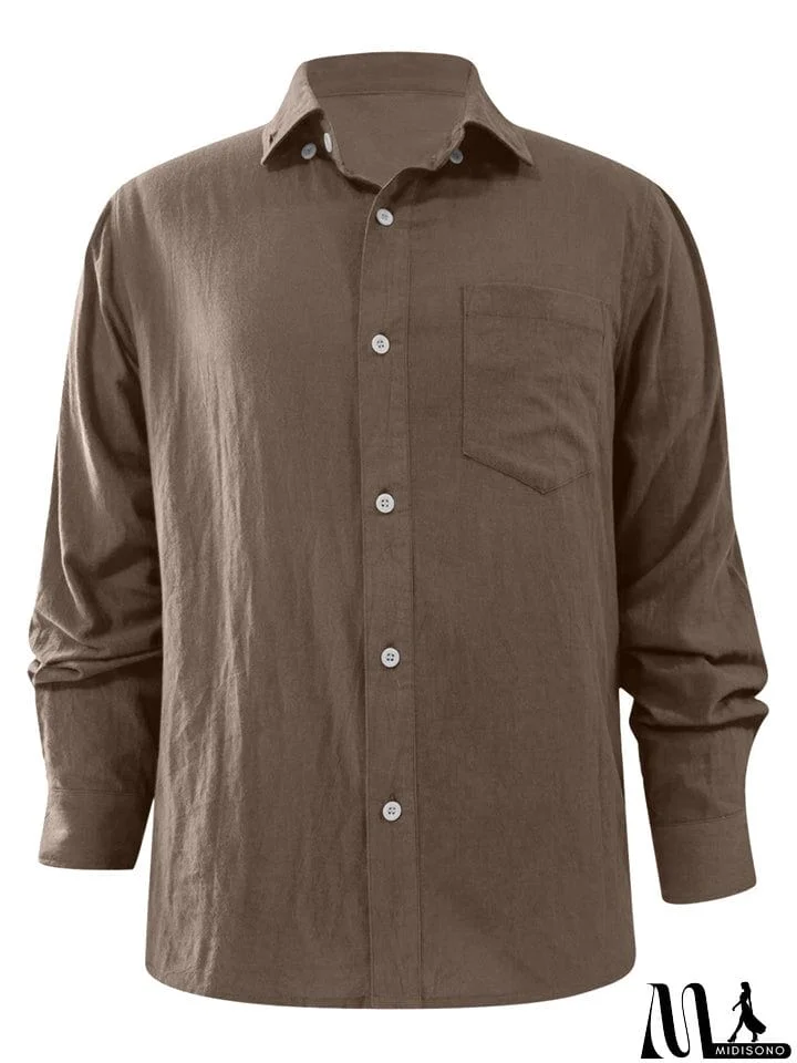 MidiSono - Men's Casual Plain Lapel Button Down Roll Up Sleeve Shirts