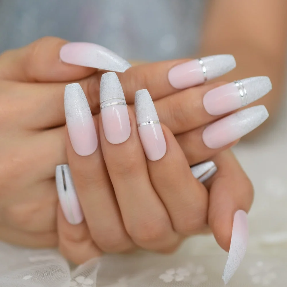 Fadeing Nails Glossy Cutting Line Simple Design Glitter Full Cover Nails Press On Nails Tips Coffin Extra Long Supplies For Gels-Nail Inspo