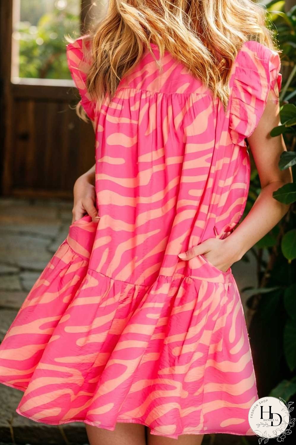 sloping shoulder ruffle print dress