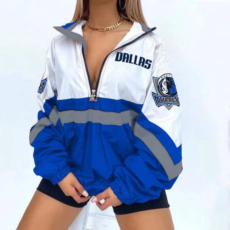 Women's Support Dallas Mavericks Basketball Print V Neck Zipper Sweatshirt Jacket