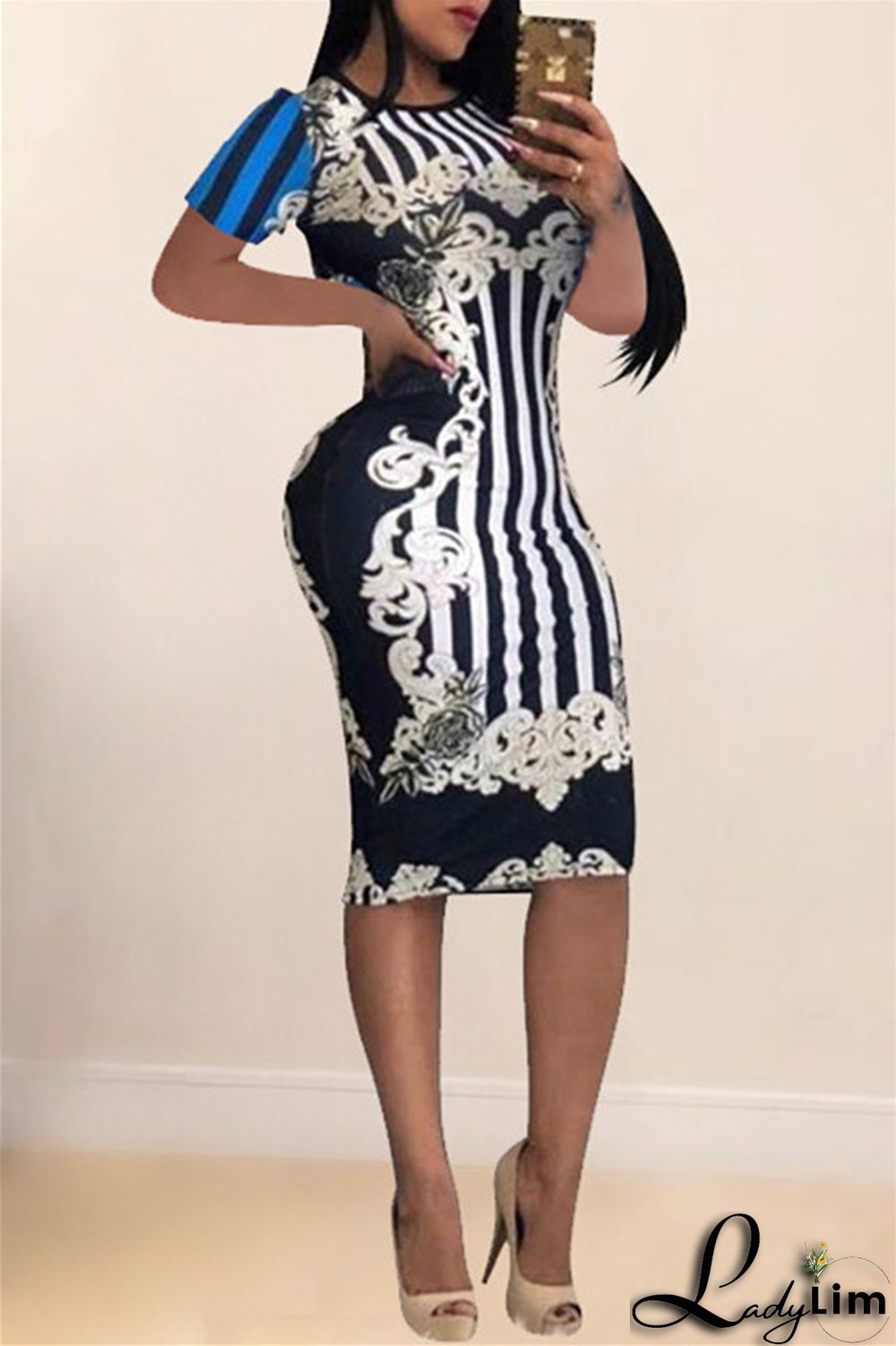 Blue Fashion Casual Print Basic O Neck Short Sleeve Dress