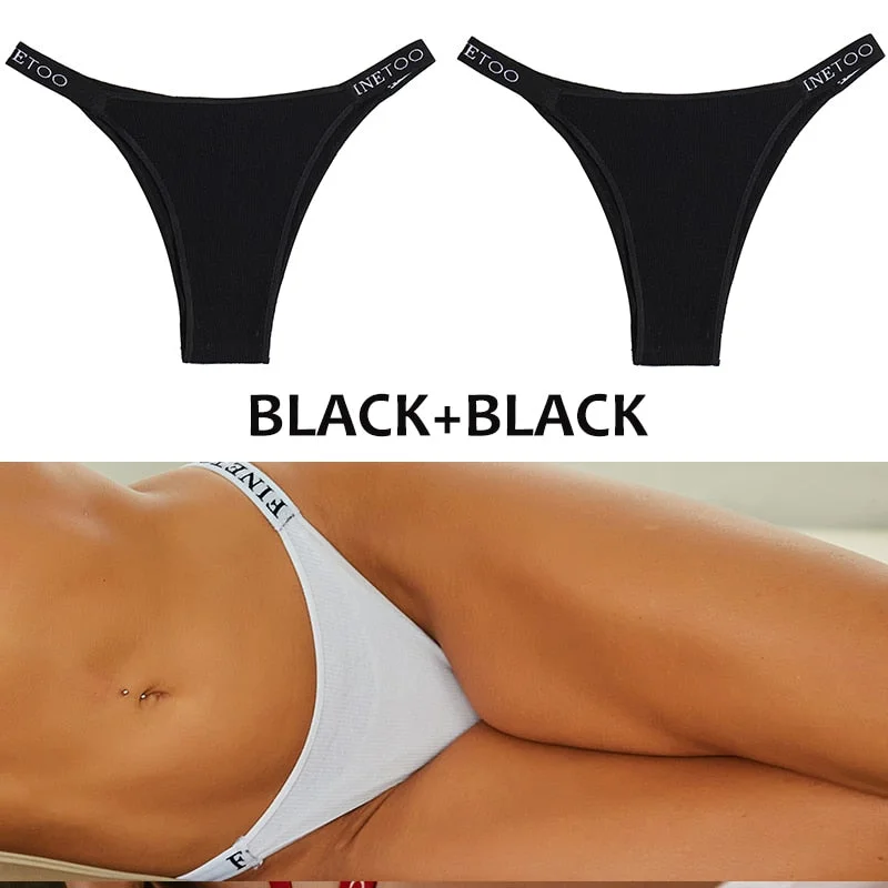 FINETOO 2PCS/Set Women's Cotton G-string Sexy Cross Strap Panties Letter Waisted Underwear Thongs Femme Hollow Out Lady Briefs