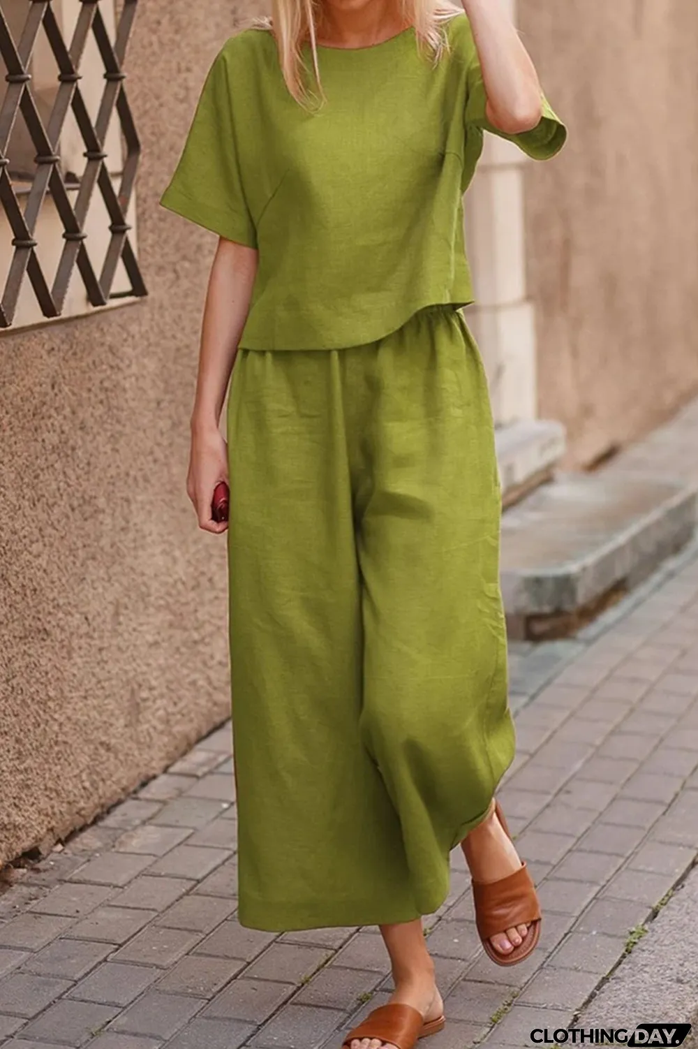 Casual Solid Basic O Neck Short Sleeve Two Pieces(4 Colors)