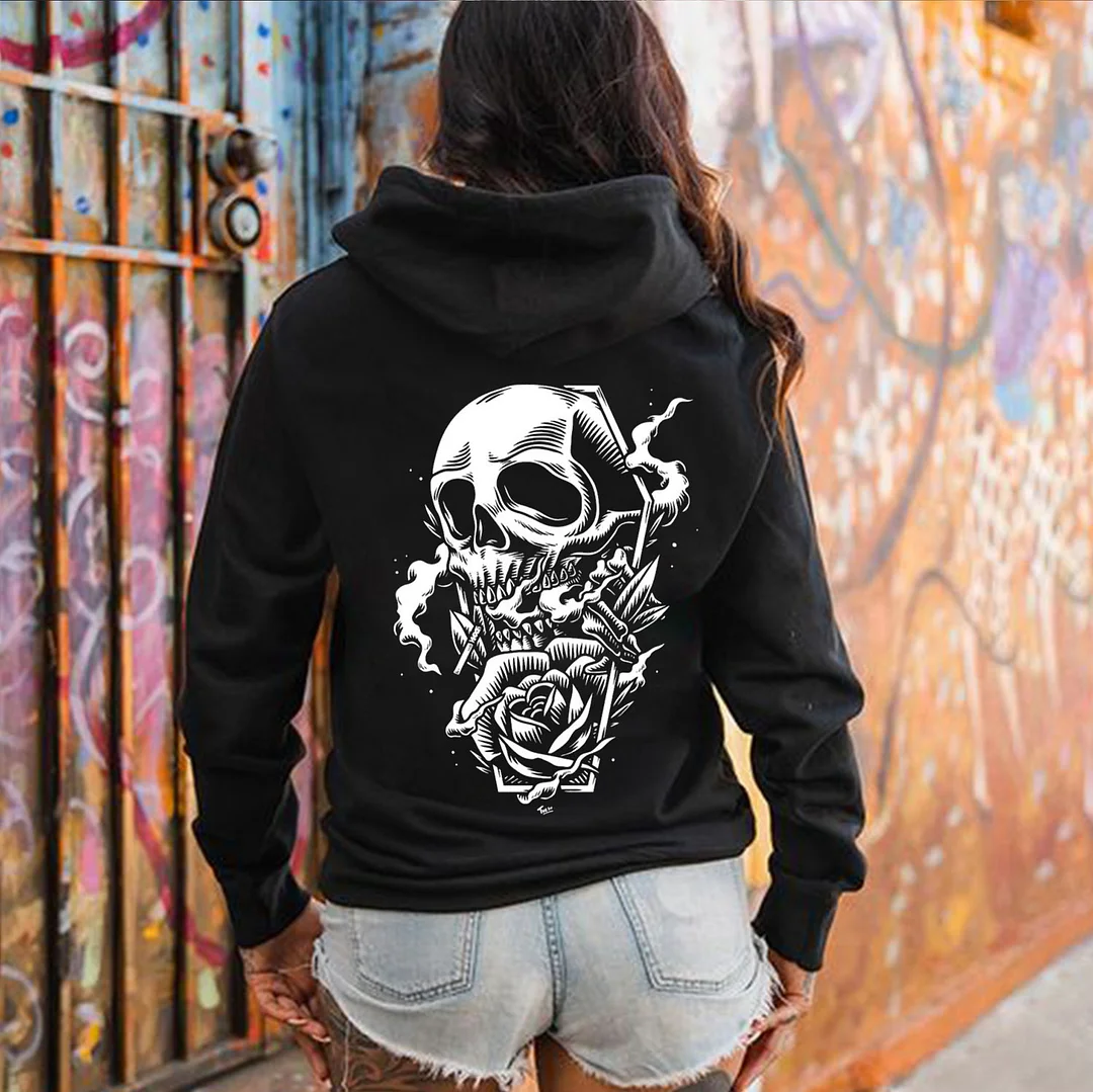Skull with Rose Sketch Pattern Graphic Casual  Black Print Hoodie