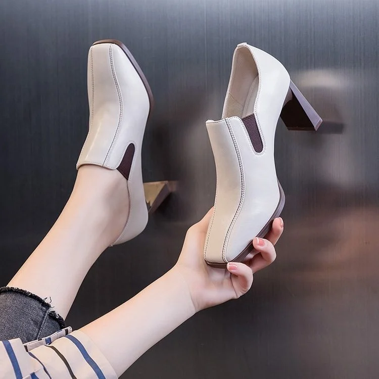 Yyvonne Heel Single Shoes Women's New High-Heeled Shoes British Wind Head Deep Mouth Small Leather Shoes Square Women's Shoes Black Low-Top Shoes