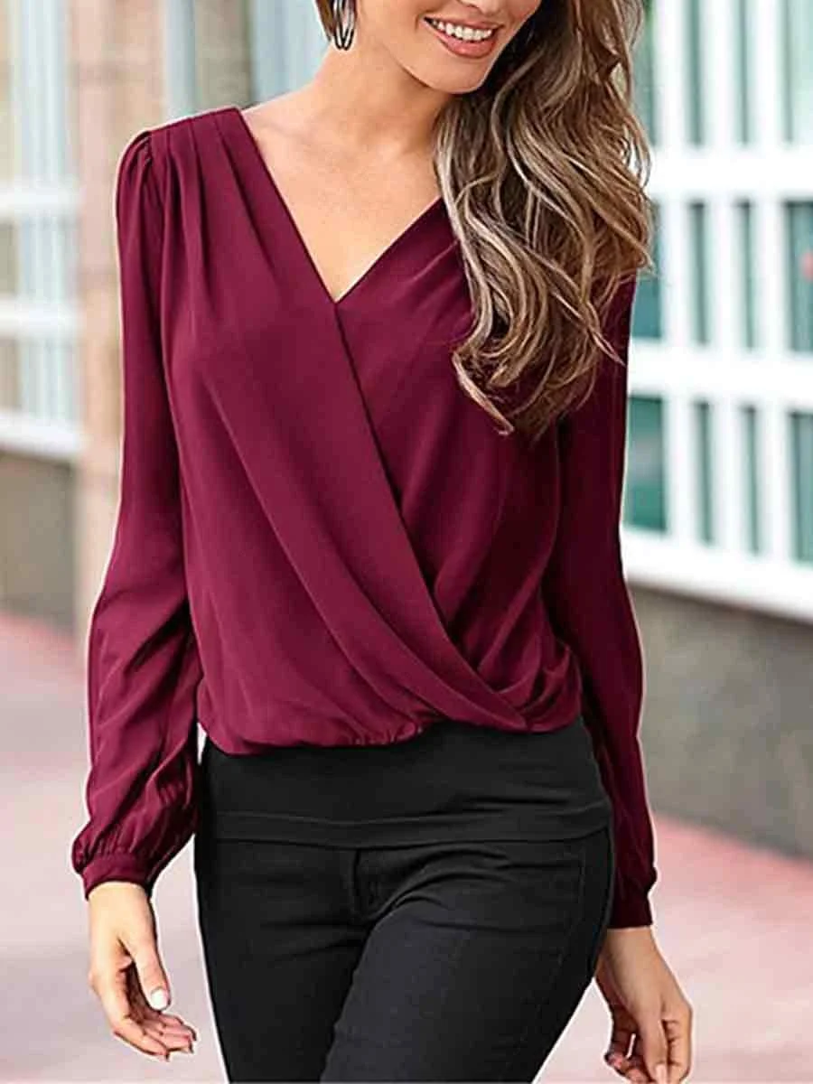 Cross V-Neck Lace Back Long Sleeves Blouse